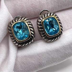 Designer Inspired Blue Silver and Gold Tone Pierced Secure Lock Back Earrings